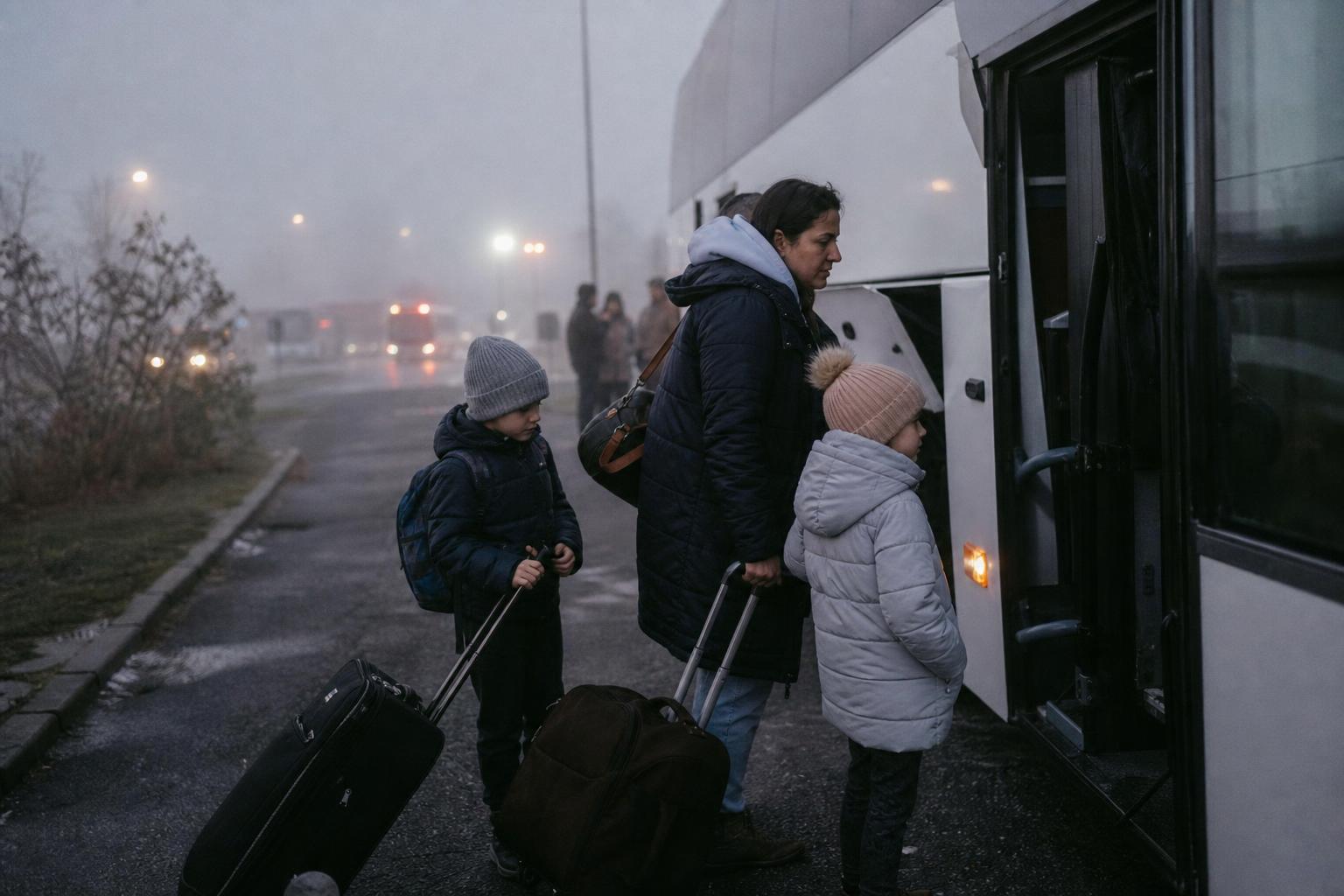 Rodina s kufry před autobusem na nádraží
